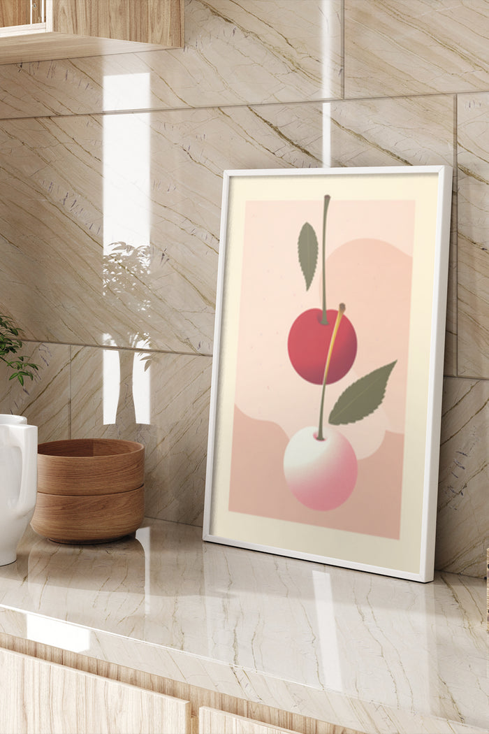Contemporary cherry illustration poster framed on a marble wall in a stylish interior setting