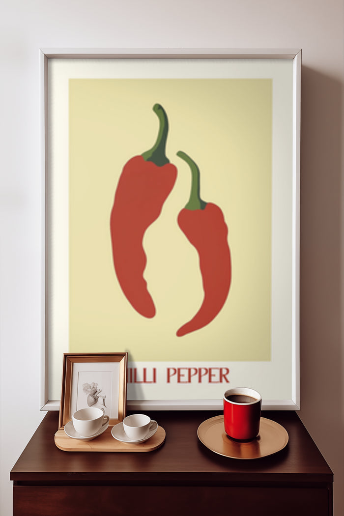 Stylish modern art poster featuring two red chili peppers with 'Chili Pepper' text, perfect for kitchen decor