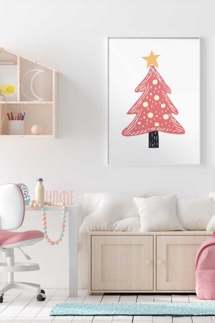 Minimalist modern Christmas tree art poster with star in stylish room decor