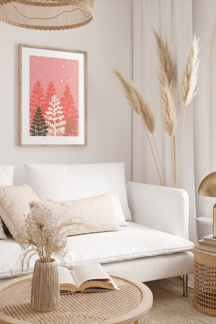 Contemporary Christmas tree poster framed on the wall of a cozy bedroom with stylish decor