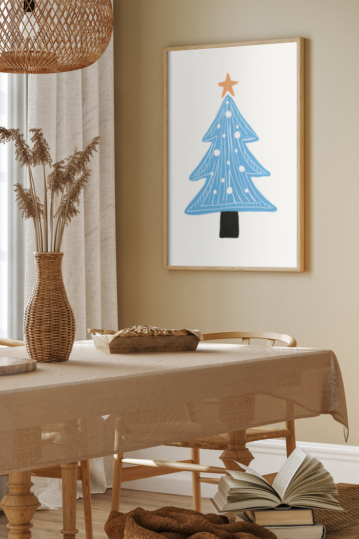 Contemporary blue Christmas tree illustration with star on top framed art poster in cozy dining room interior