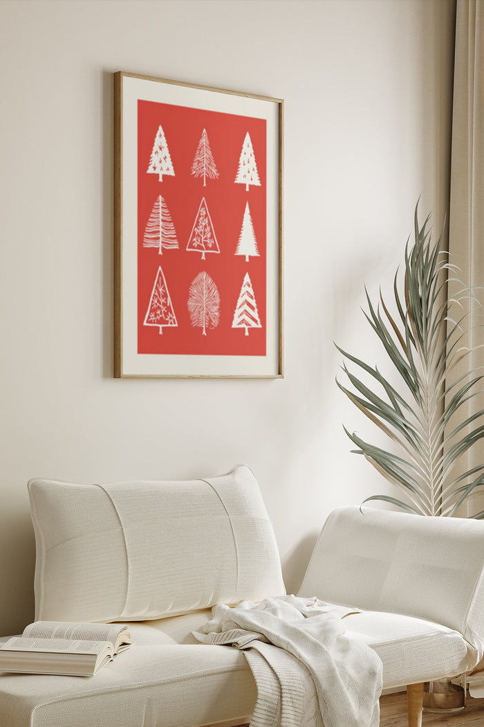 Modern red and white Christmas tree poster in stylish living room setting