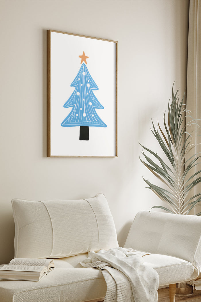 Stylish modern Christmas tree poster with golden star framed on wall above couch in contemporary living room