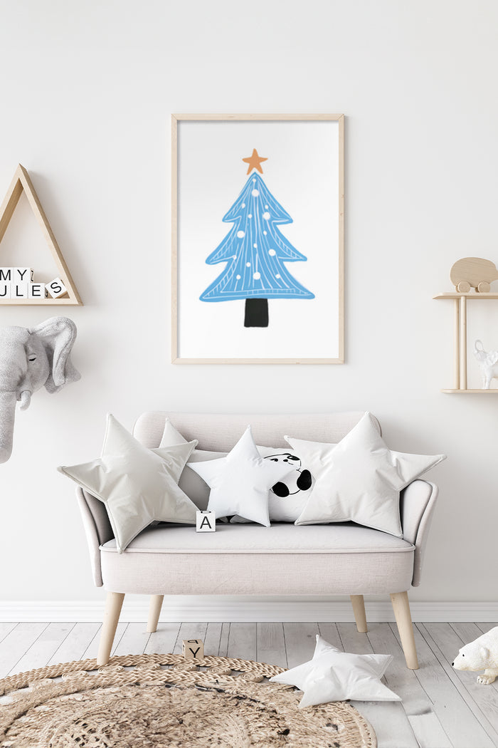 Contemporary blue Christmas tree illustration poster with golden star framed in a chic living room setting