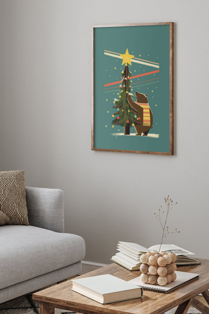 Minimalist Christmas tree poster with shooting star and bear illustration displayed in stylish living room