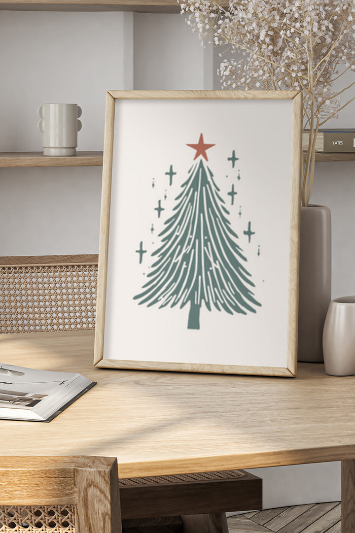 Modern stylized Christmas tree with star poster in home decor setting