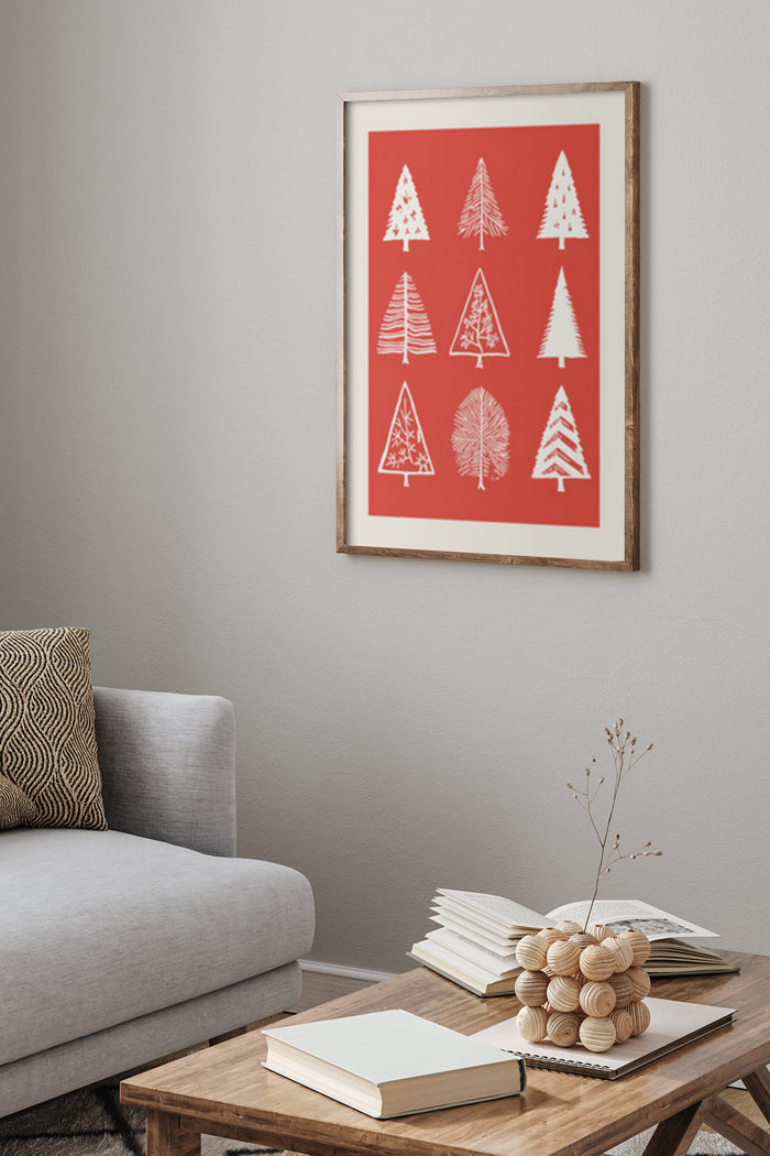Stylish modern Christmas tree artwork with red background displayed in a cozy home interior