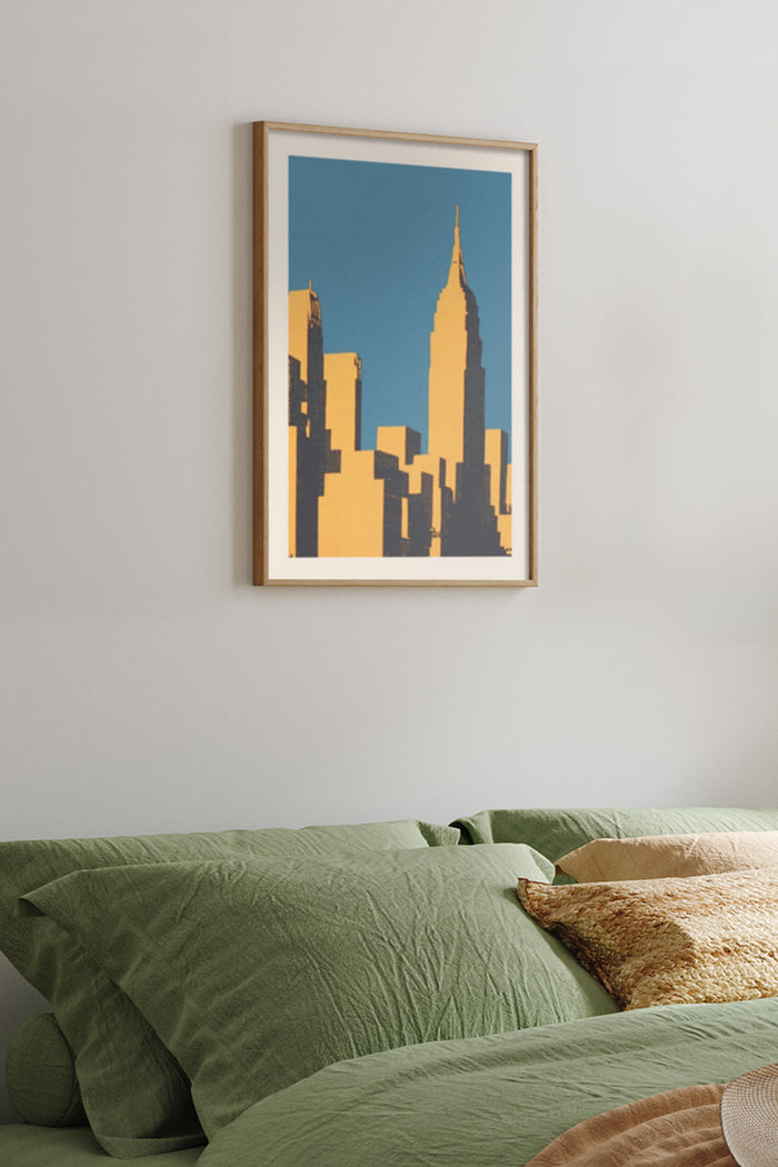 Modern city skyline art poster with yellow and blue color palette on bedroom wall