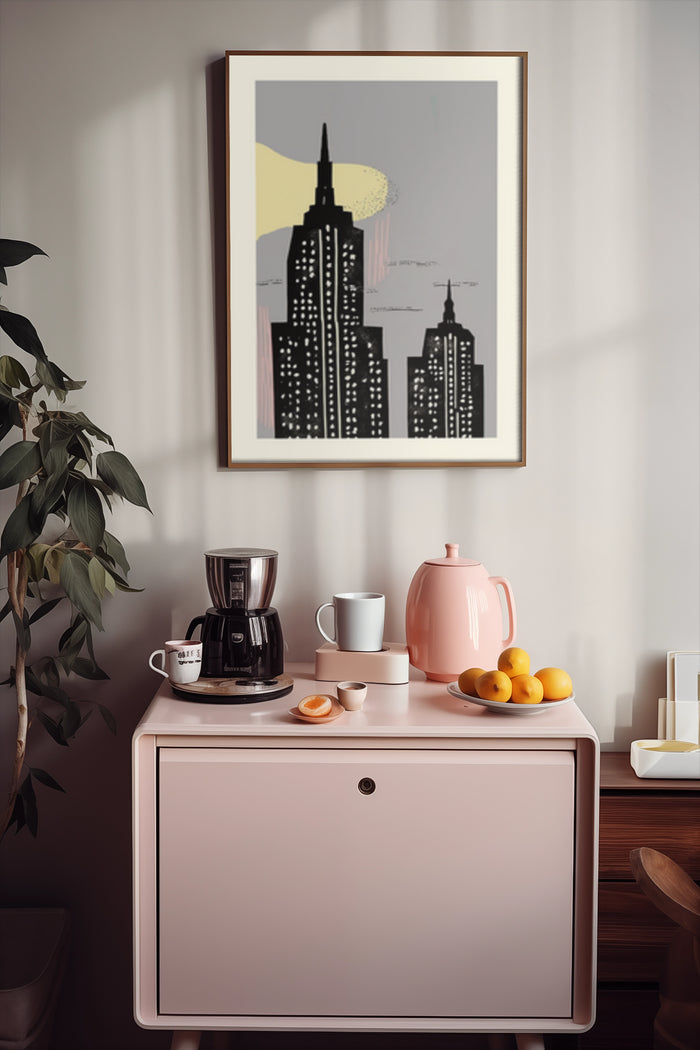 Stylized modern cityscape art poster hanging above kitchen cabinet with coffee maker and fruit