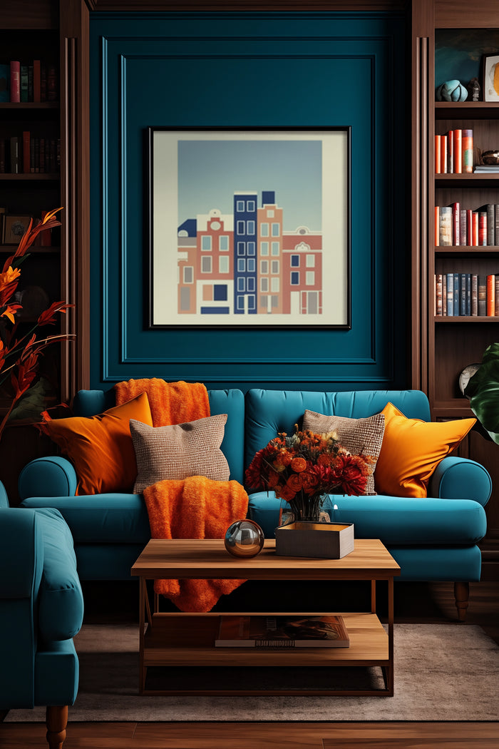 Minimalist cityscape artwork poster framed on the wall above a blue sofa with orange throw pillows in a contemporary living room setting