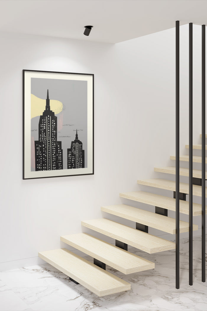 Stylish modern cityscape poster in contemporary home interior above staircase