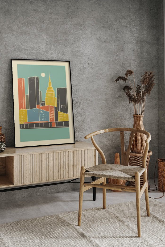 Stylized modern cityscape artwork in poster frame on wall in contemporary interior setting