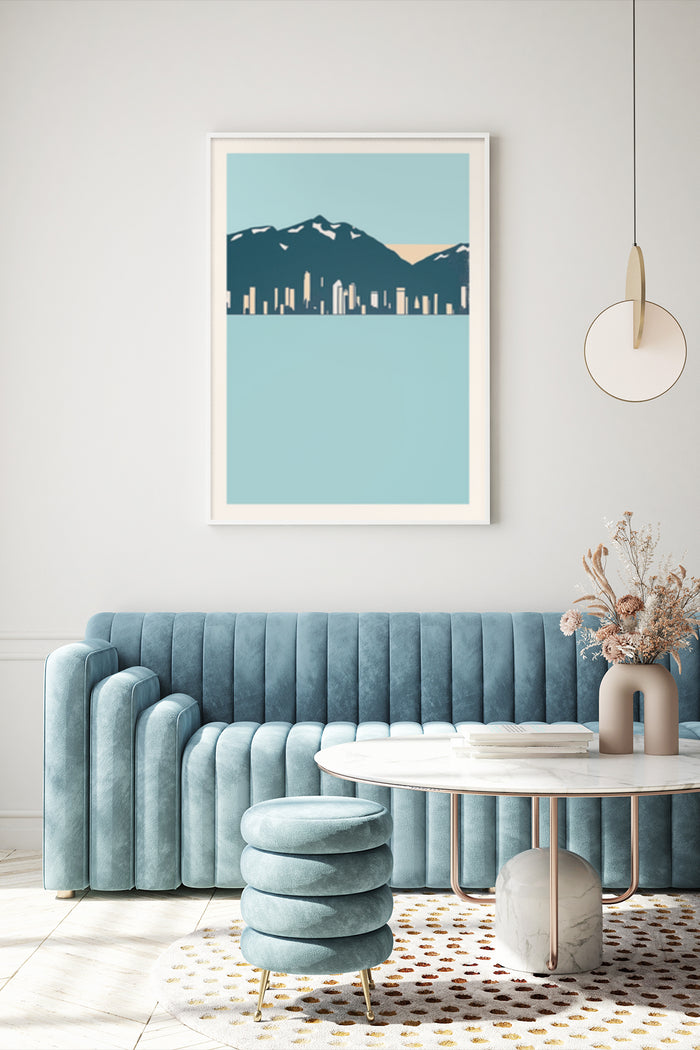 Stylish modern cityscape poster with minimalist mountain design displayed in contemporary living room