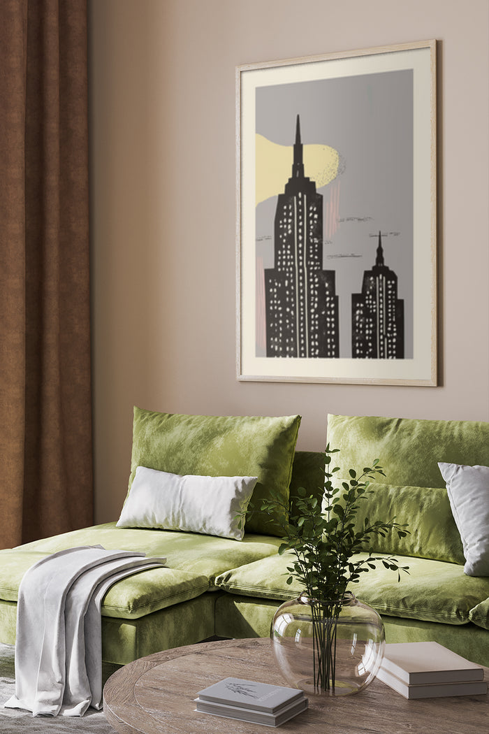 Stylized modern cityscape art poster framed on a wall above a green velvet sofa in a cozy living room interior