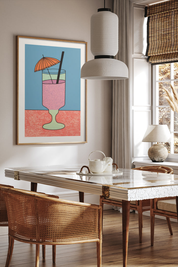 Stylish modern artwork of a cocktail glass with a straw and umbrella in a cozy dining room interior
