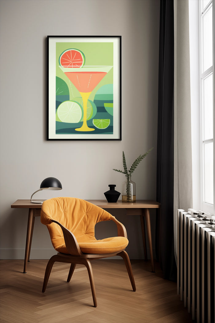 Modern cocktail glass poster with citrus decorations in a stylish home interior