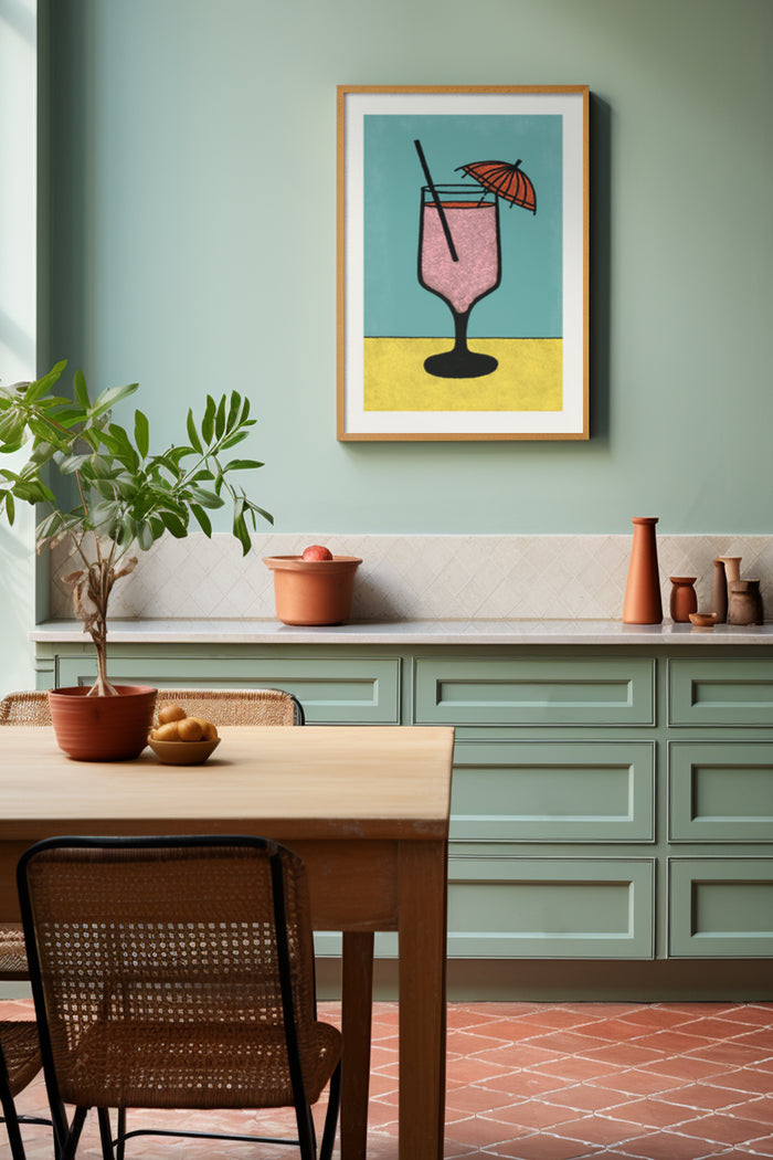Minimalist modern cocktail poster in stylish kitchen setting with terracotta pots