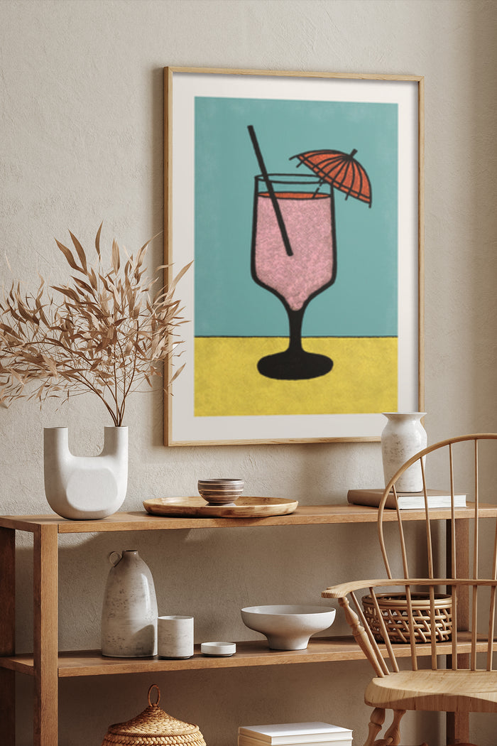 Stylish Modern Cocktail Poster with Umbrella Illustration in Interior Setting