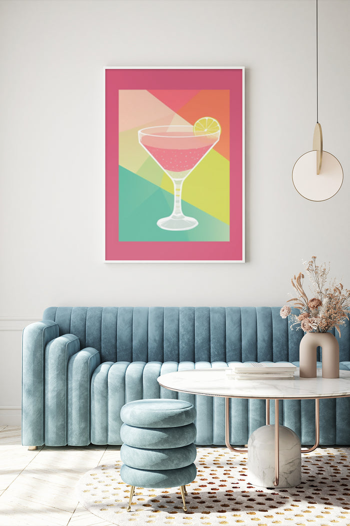 Colorful modern cocktail poster artwork hanging above blue velvet couch in stylish living room