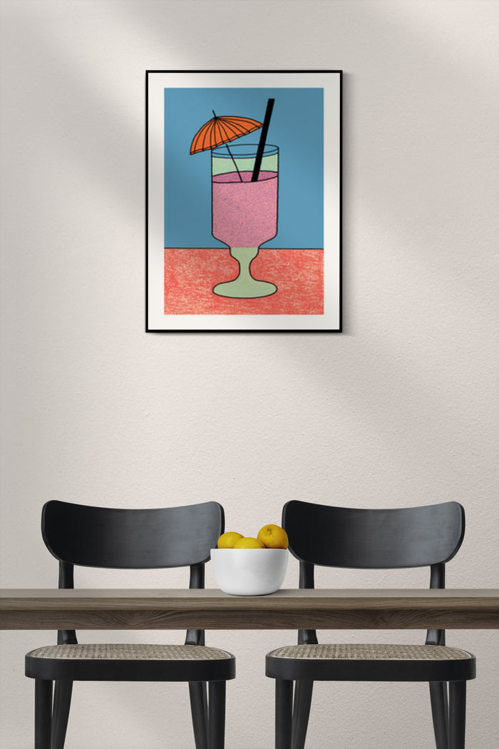 Modern minimalist poster of a cocktail glass with umbrella decor in stylish interior