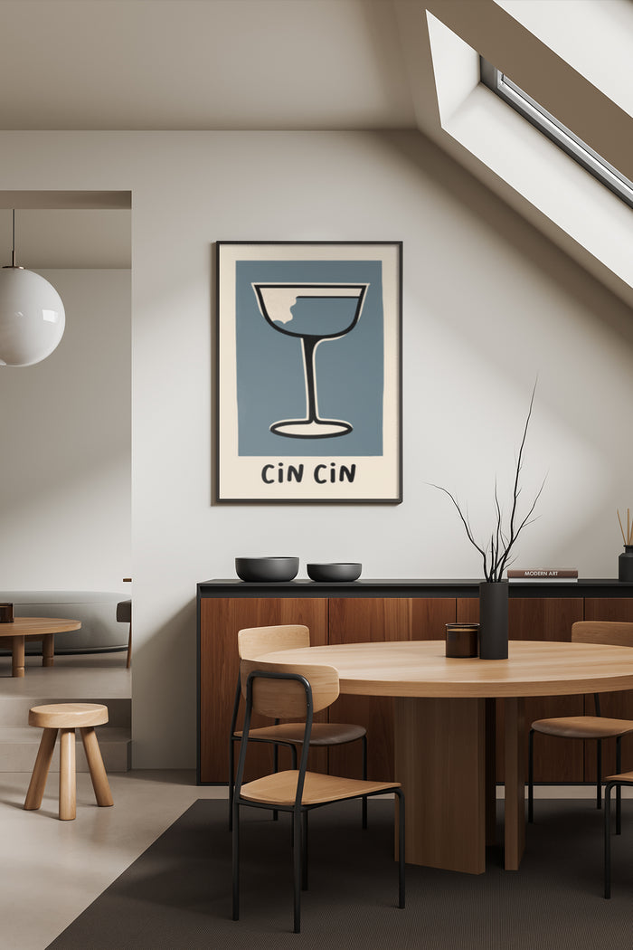 Modern cocktail poster with 'Cin Cin' text as dining room wall art