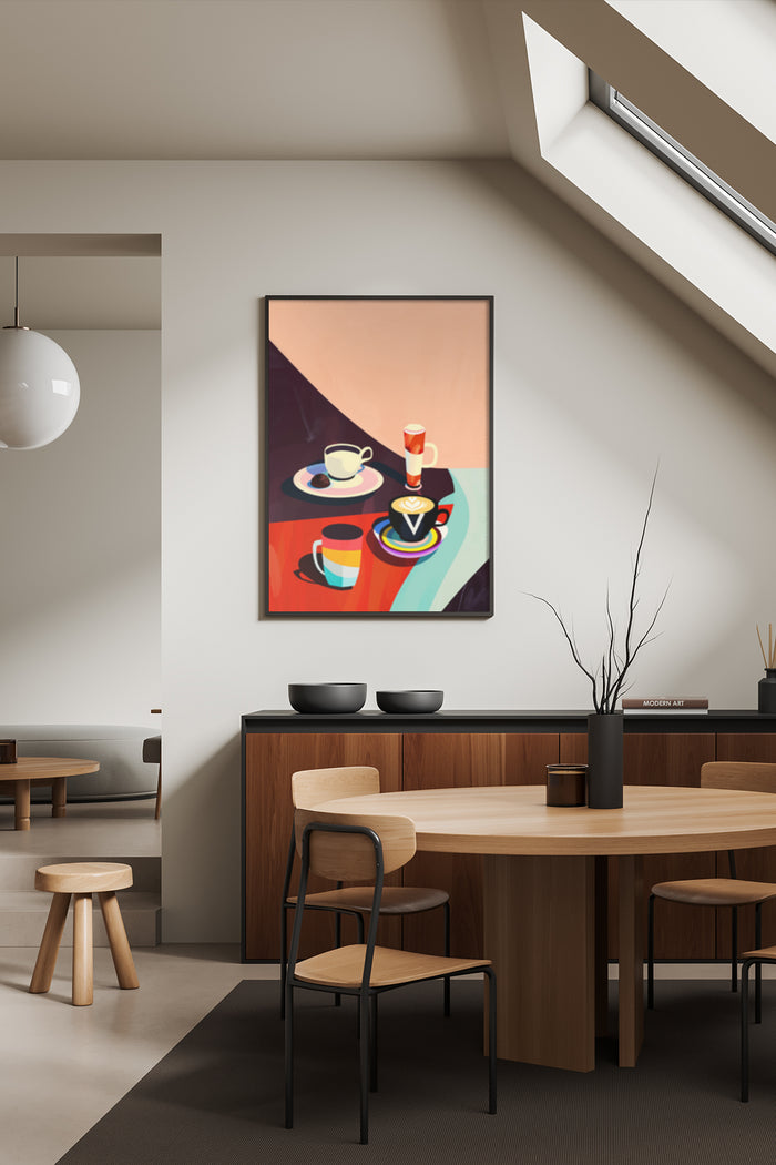Modern abstract coffee cup painting displayed in a contemporary dining room setting