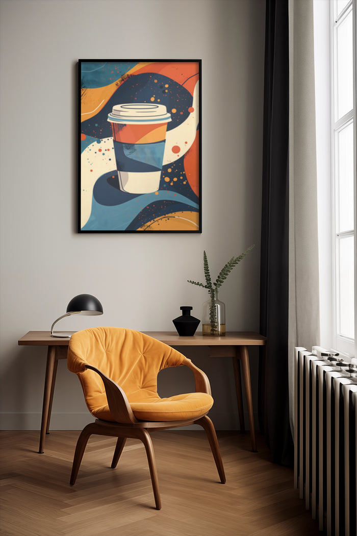 Modern abstract art poster featuring a stylized coffee cup in a chic interior setting