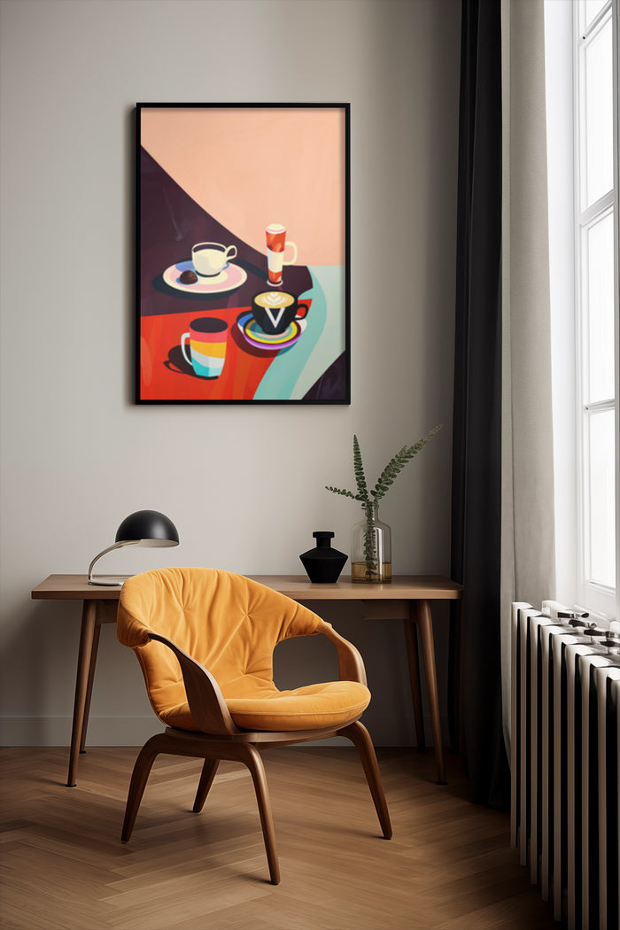 Modern abstract coffee cup artwork poster in a stylish interior setting