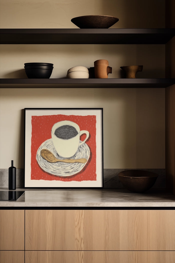 Contemporary coffee cup painting with red backdrop displayed on kitchen shelf