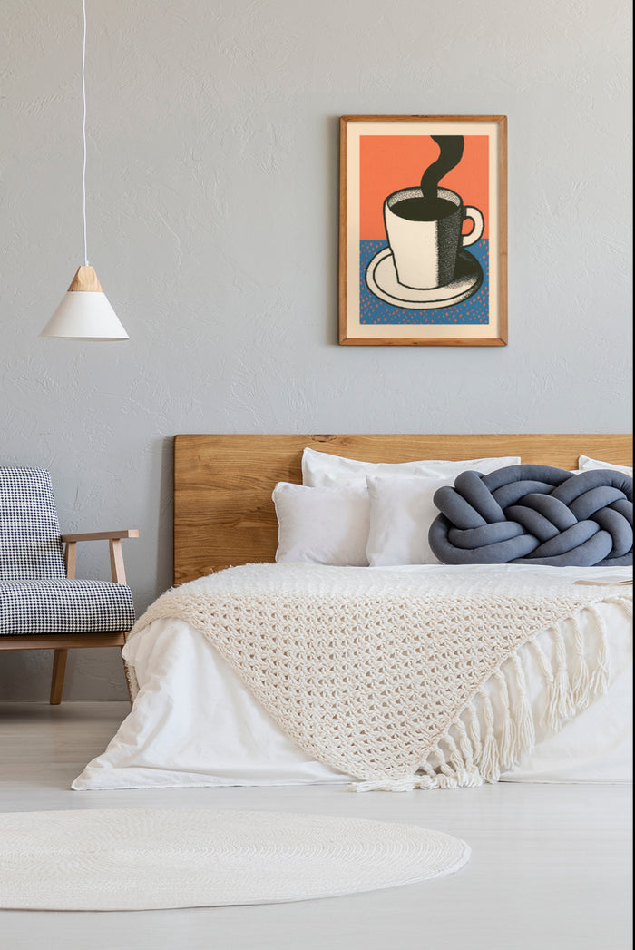 Stylish bedroom interior with a framed poster of modern coffee cup artwork