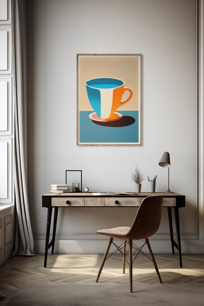 Modern stylized coffee cup artwork poster displayed in a contemporary interior setting