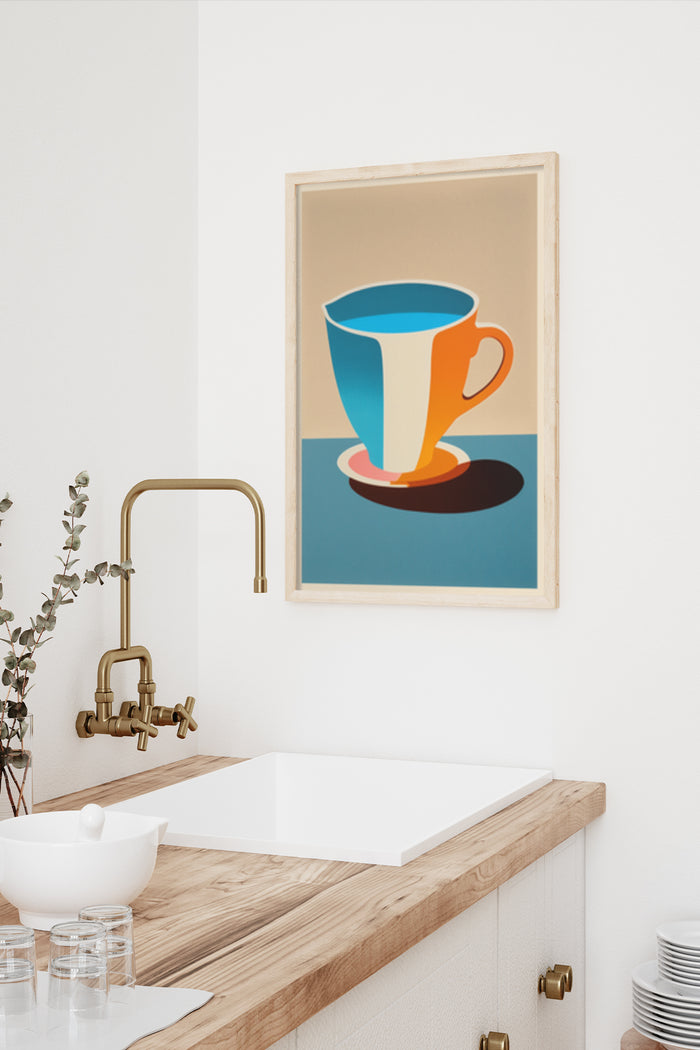 Minimalist modern coffee cup poster art displayed in a contemporary kitchen setting