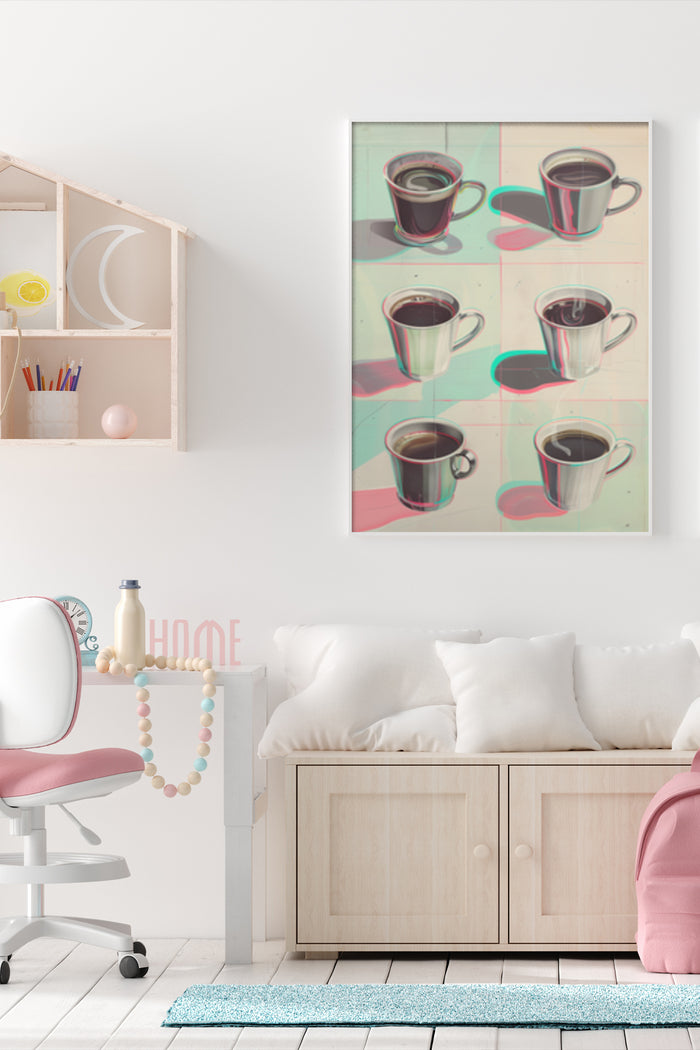 Modern stylized coffee cups poster in contemporary living room setting