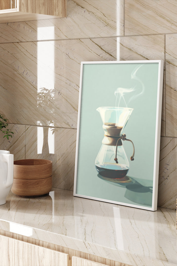 Contemporary minimalist coffee maker poster art in a modern kitchen interior