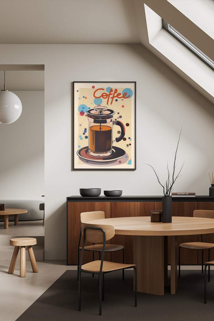 Contemporary coffee themed poster artwork displayed in a modern dining room setting