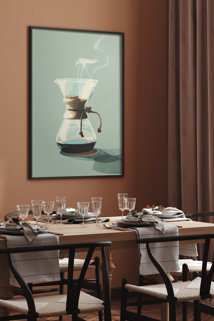 Modern minimalist coffee pour-over poster in stylish dining room setting