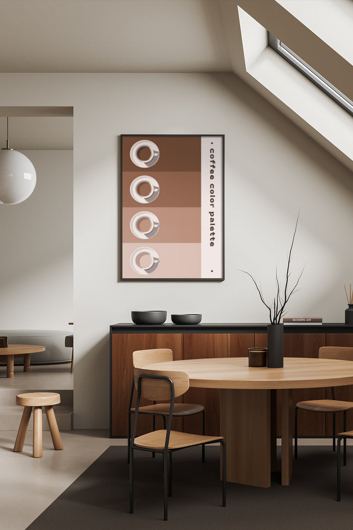 Modern minimalist cafe interior showcasing a coffee-themed color palette wall poster
