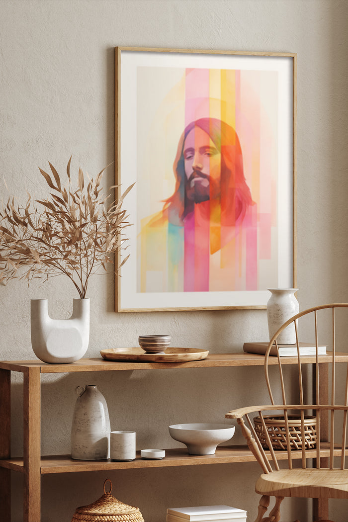 Contemporary colorful portrait of a man art poster framed and displayed on wall in a modern home interior setting