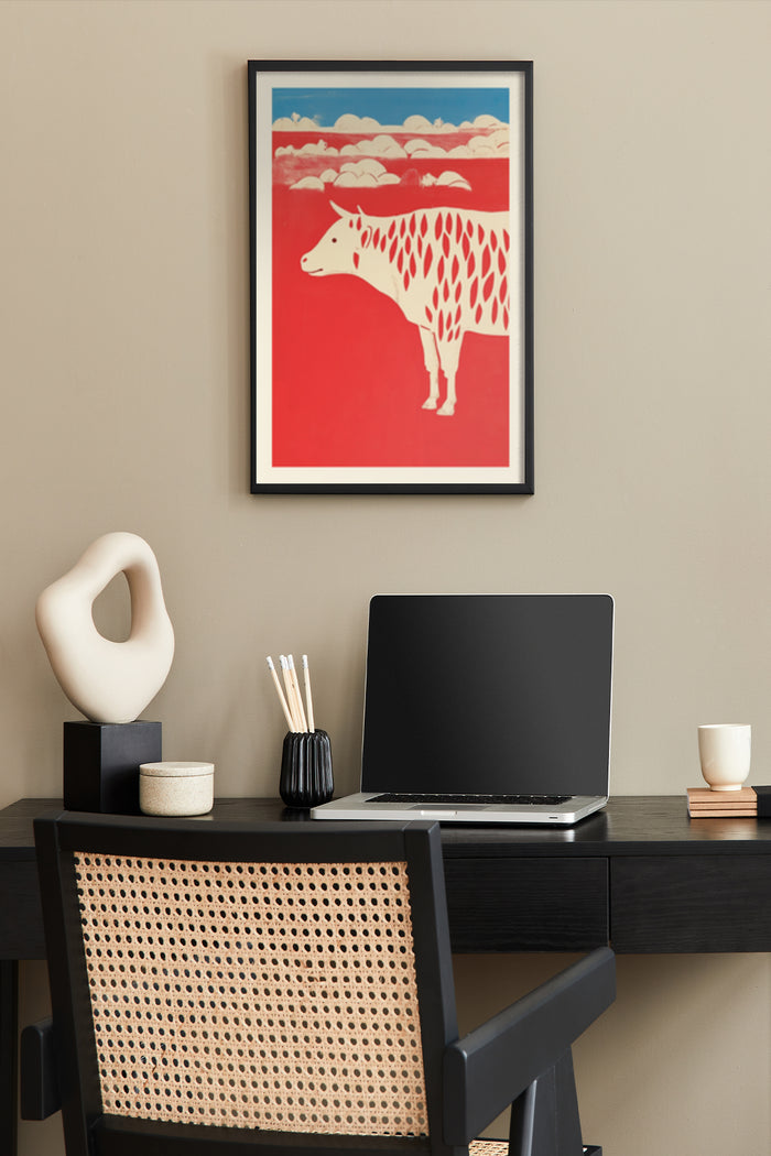 Contemporary red and blue cow artwork poster displayed above a desk with laptop in a stylish home office