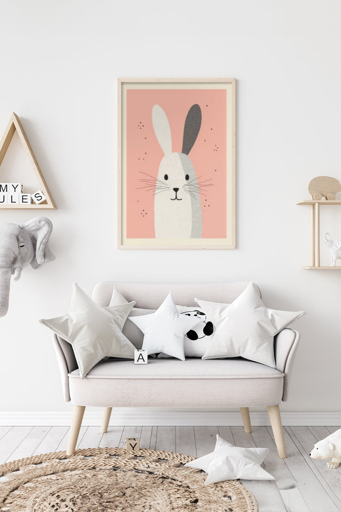Contemporary cute rabbit poster design displayed in a stylish living room setting
