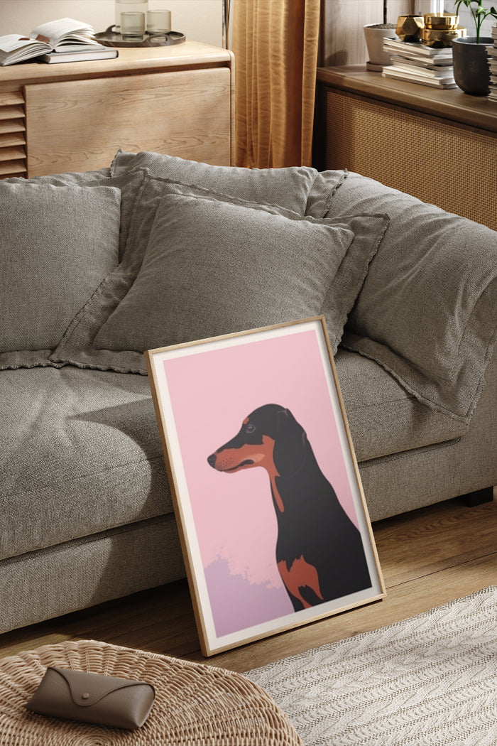 Stylish modern dachshund dog illustration poster in home interior setting