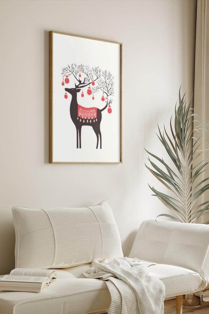 Modern decorative poster featuring a reindeer with red ornaments and tree branches in a cozy living room
