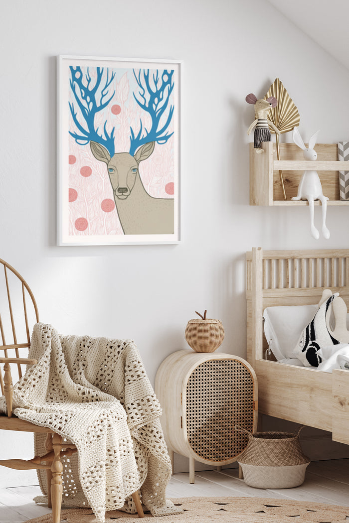 Stylized Deer Illustration Poster with Blue Antlers in Contemporary Nursery Room
