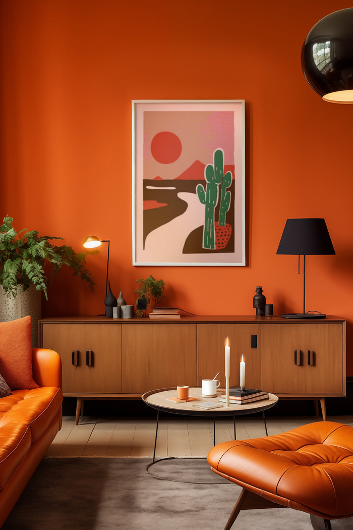 Stylish interior design with modern desert cactus artwork poster on orange wall