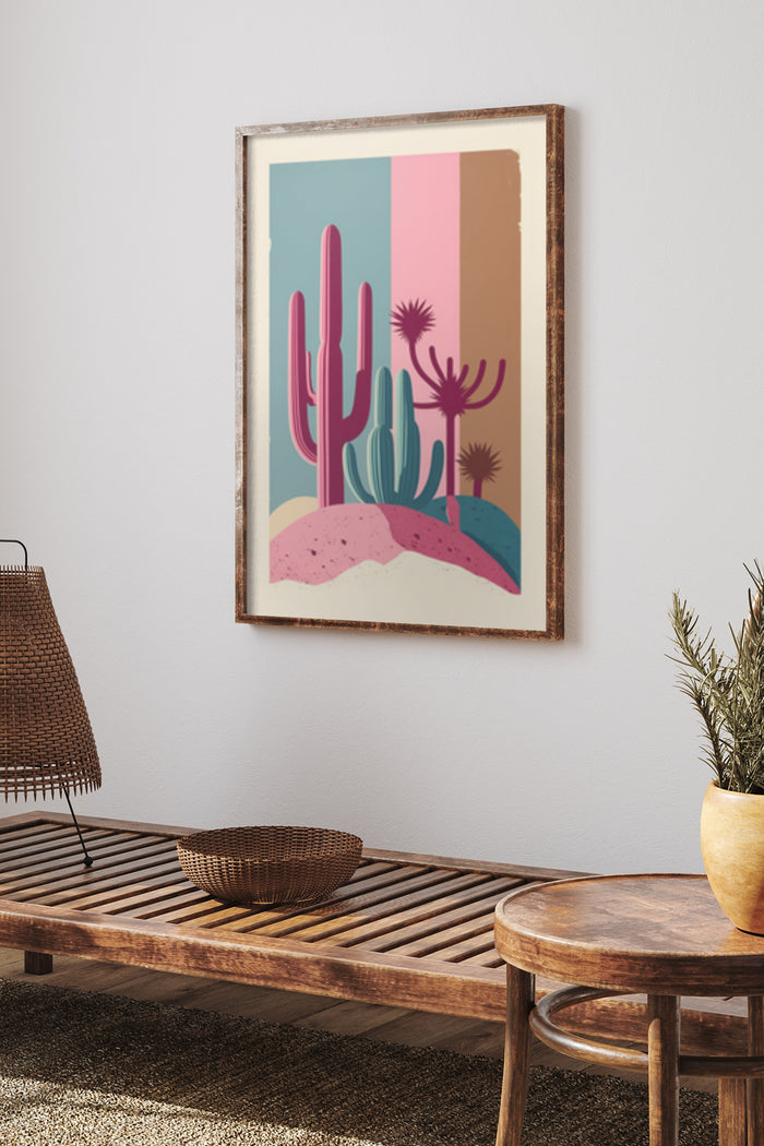 Modern Desert Cactus Art Poster Hung on Wall in Stylish Interior Design Setting
