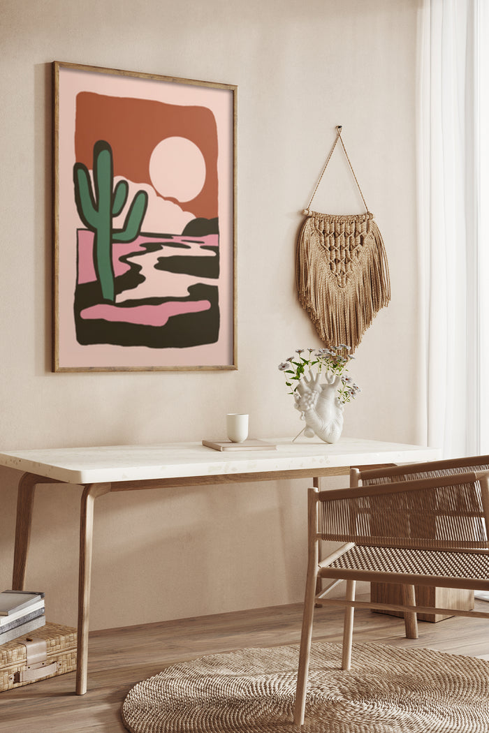 Stylish modern desert sunset cactus poster in a contemporary home interior with boho decor