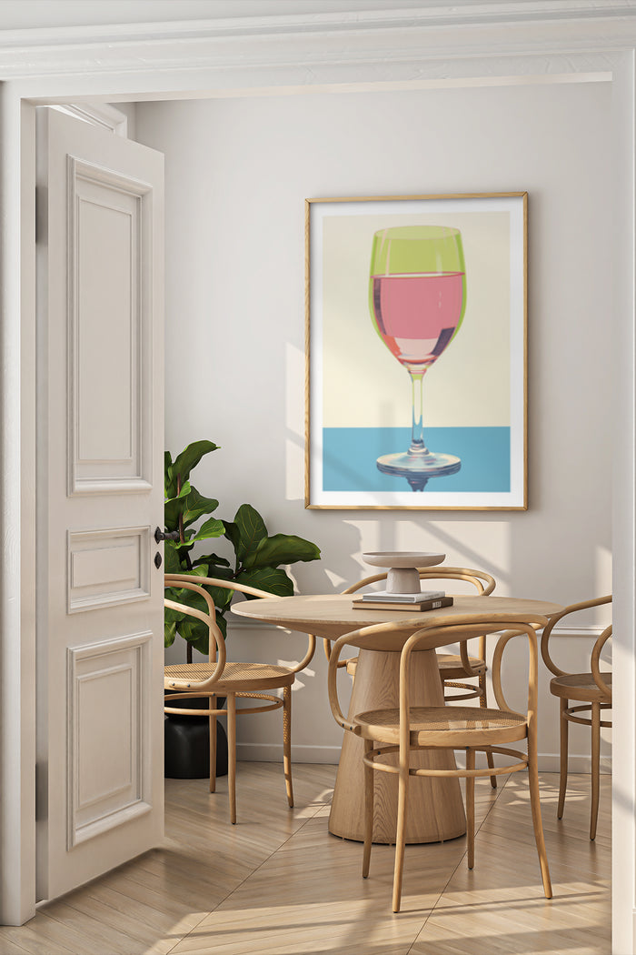 Minimalistic wine glass poster art in modern dining room interior design