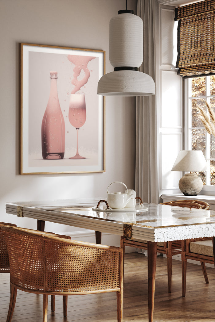 Contemporary interior with abstract champagne bottle and wine glass artwork in dining room setting