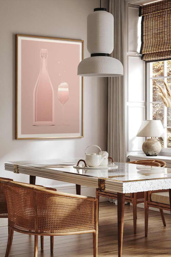 Contemporary dining room interior with framed pink champagne bottle and glass poster art