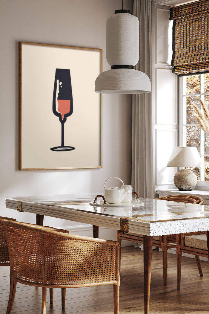 Elegant modern dining room interior with a framed poster of a stylized wine glass